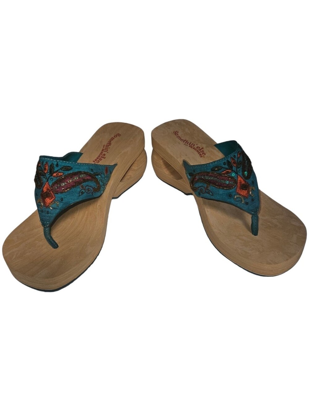 Y2K Somethin' Else by Sketchers Teal Embroidered Sequin Wood Wedge Thong Sandals